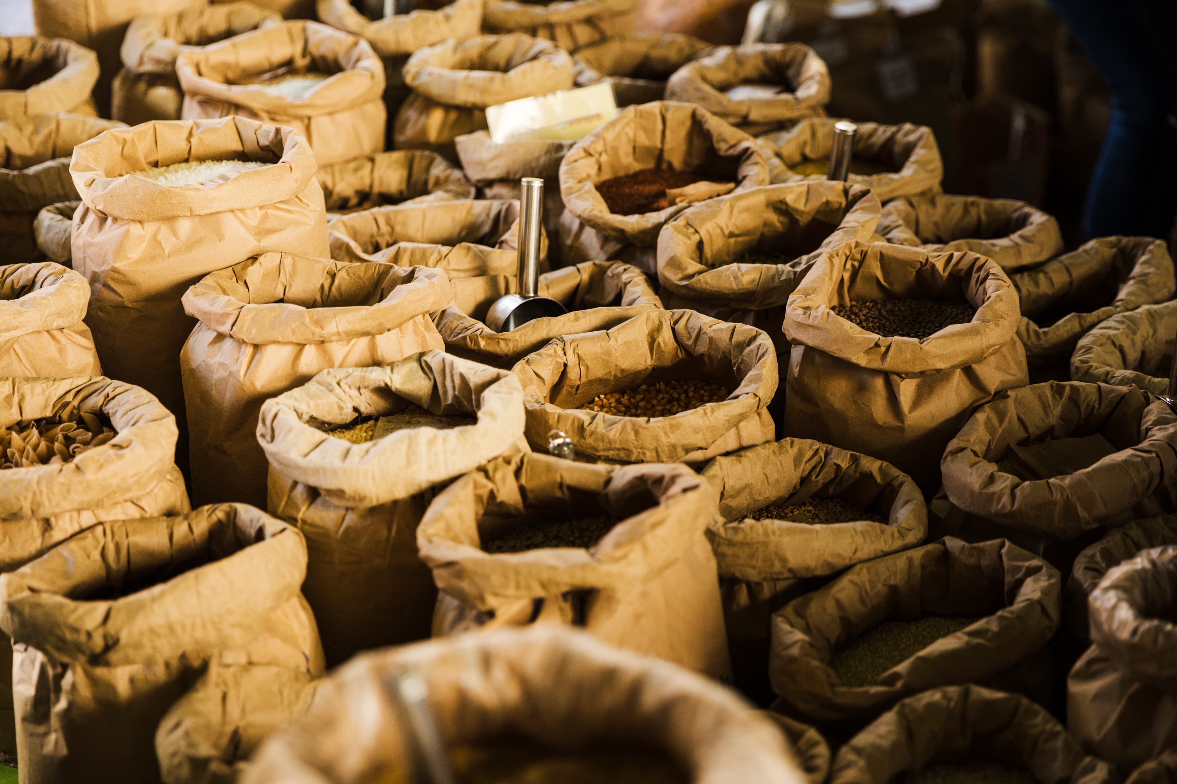 Bulk agricultural commodities displayed in sacks for trade and export